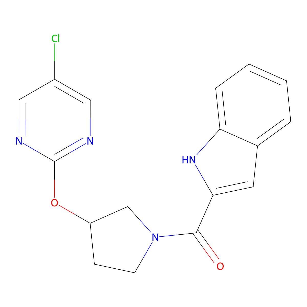 (3-((5-chloropyrimidin-2-yl)oxy)pyrrolidin-1-yl)(1H-indol-2-yl)methanone molecular structure, CAS 2034469-86-6