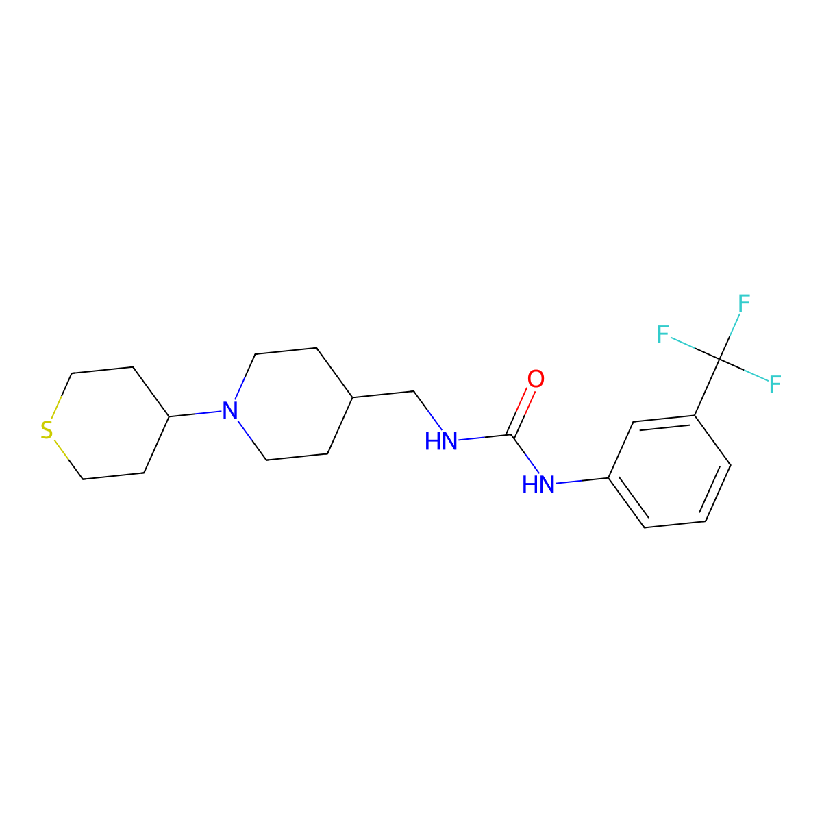 1-((1-(tetrahydro-2H-thiopyran-4-yl)piperidin-4-yl)methyl)-3-(3-(trifluoromethyl)phenyl)urea molecular structure, CAS 2034469-93-5