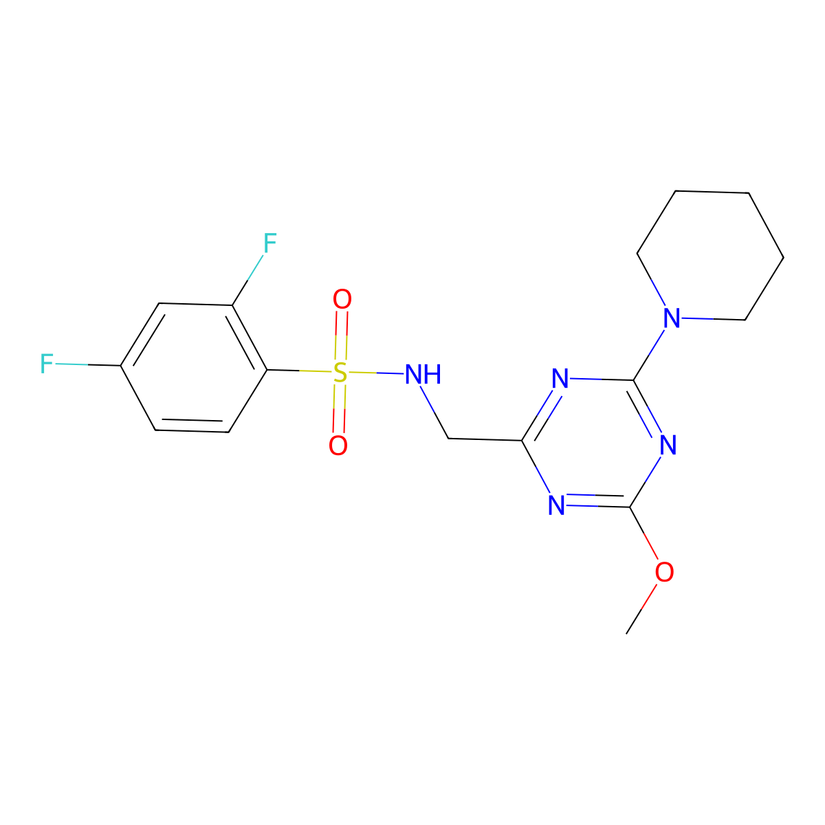 2,4-difluoro-N-((4-methoxy-6-(piperidin-1-yl)-1,3,5-triazin-2-yl)methyl)benzenesulfonamide molecular structure, CAS 2034470-27-2