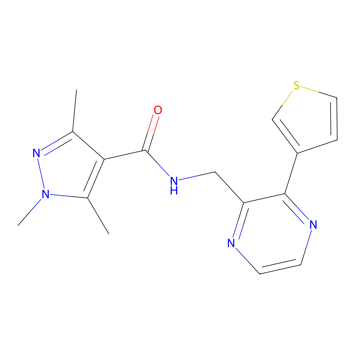 1,3,5-trimethyl-N-((3-(thiophen-3-yl)pyrazin-2-yl)methyl)-1H-pyrazole-4-carboxamide molecular structure, CAS 2034470-34-1