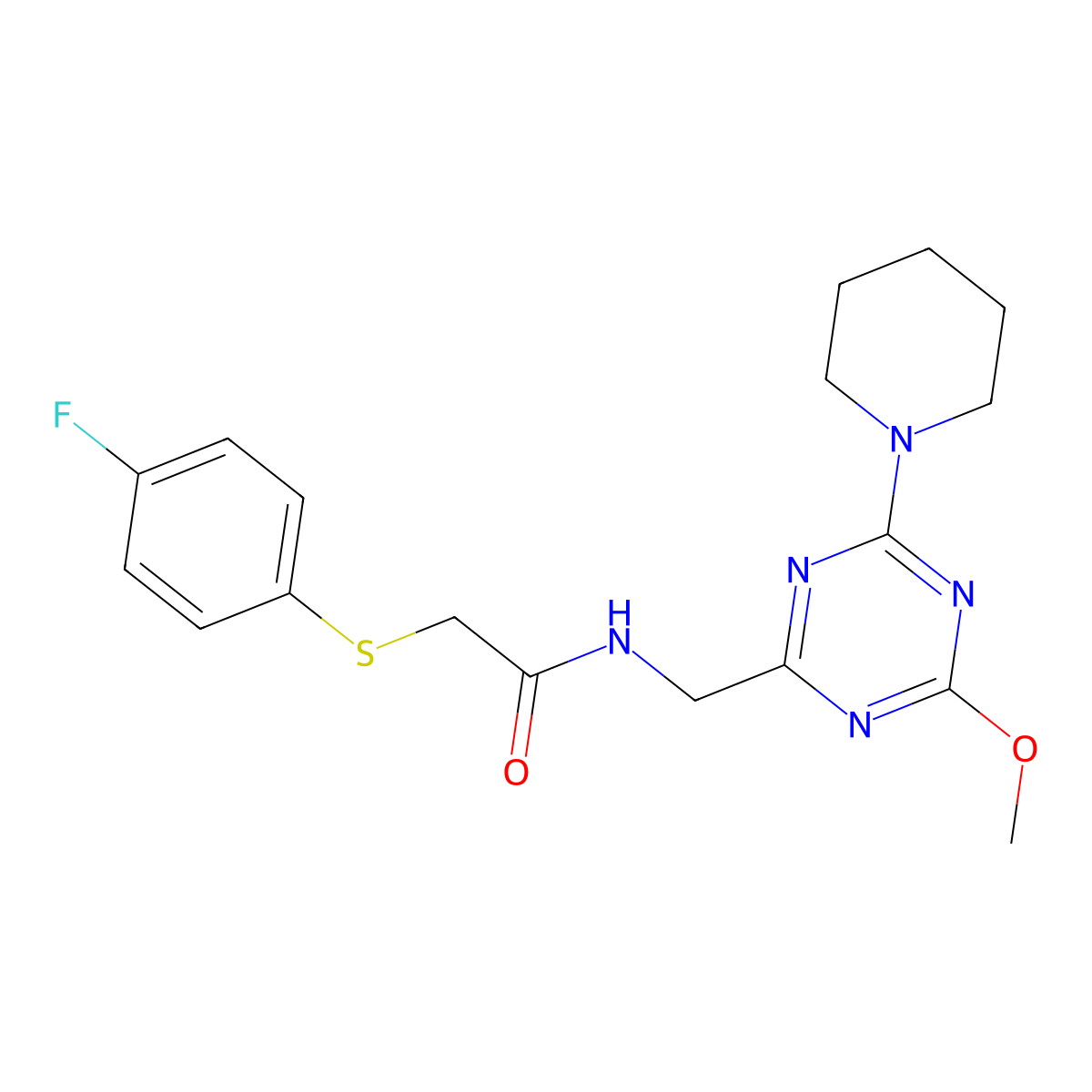 2-((4-fluorophenyl)thio)-N-((4-methoxy-6-(piperidin-1-yl)-1,3,5-triazin-2-yl)methyl)acetamide molecular structure, CAS 2034470-40-9