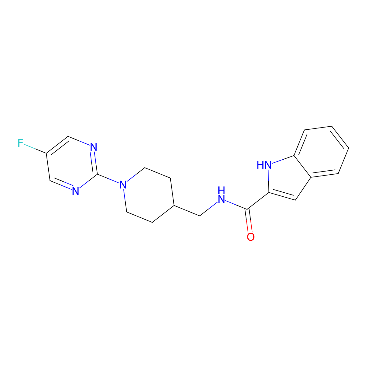 N-((1-(5-fluoropyrimidin-2-yl)piperidin-4-yl)methyl)-1H-indole-2-carboxamide molecular structure, CAS 2034470-50-1