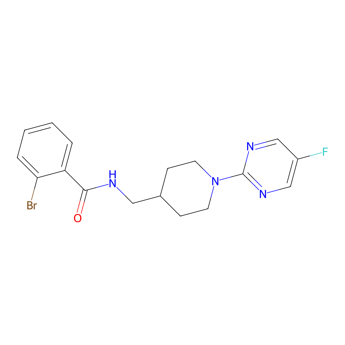 2-bromo-N-((1-(5-fluoropyrimidin-2-yl)piperidin-4-yl)methyl)benzamide molecular structure, CAS 2034470-57-8