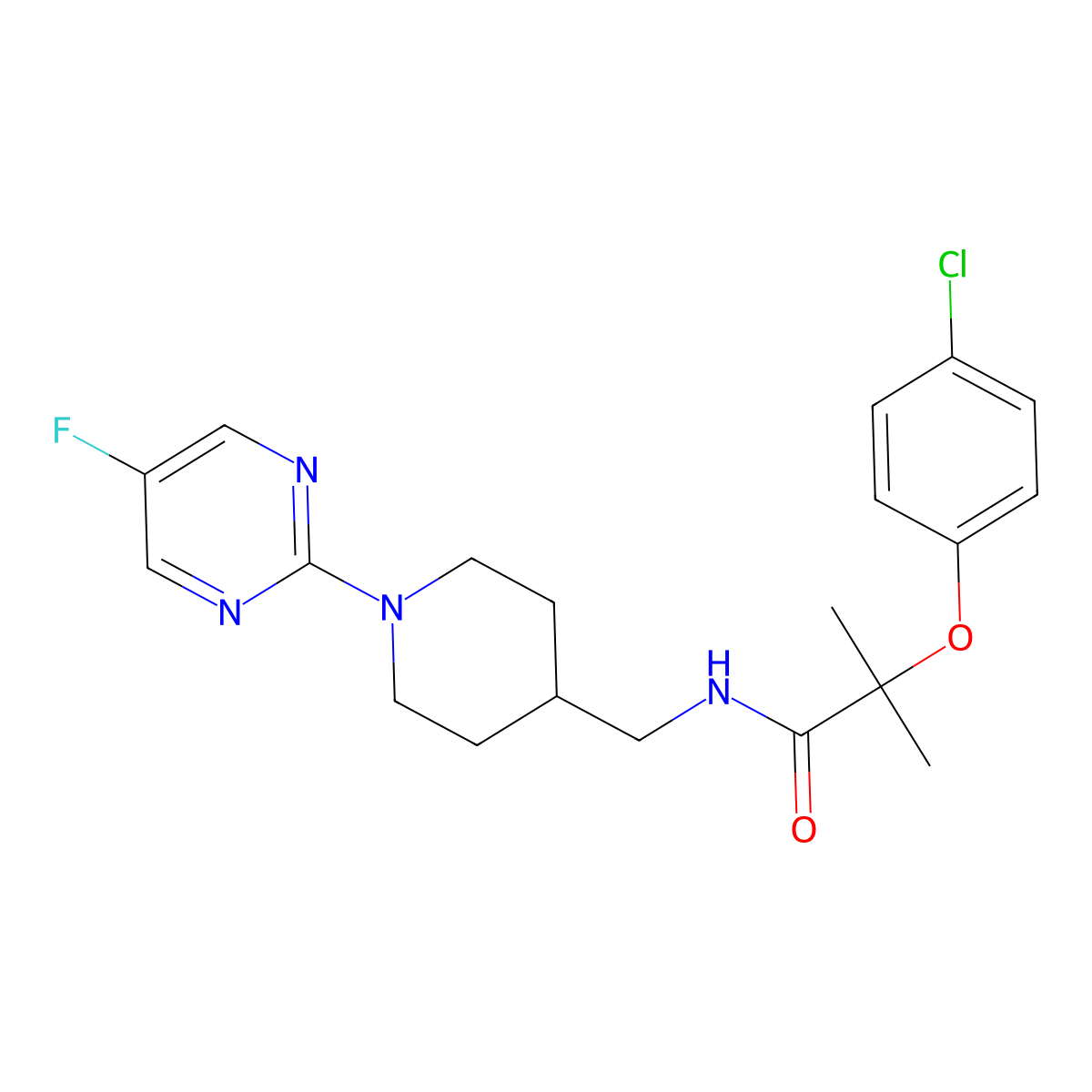 2-(4-chlorophenoxy)-N-((1-(5-fluoropyrimidin-2-yl)piperidin-4-yl)methyl)-2-methylpropanamide molecular structure, CAS 2034470-63-6