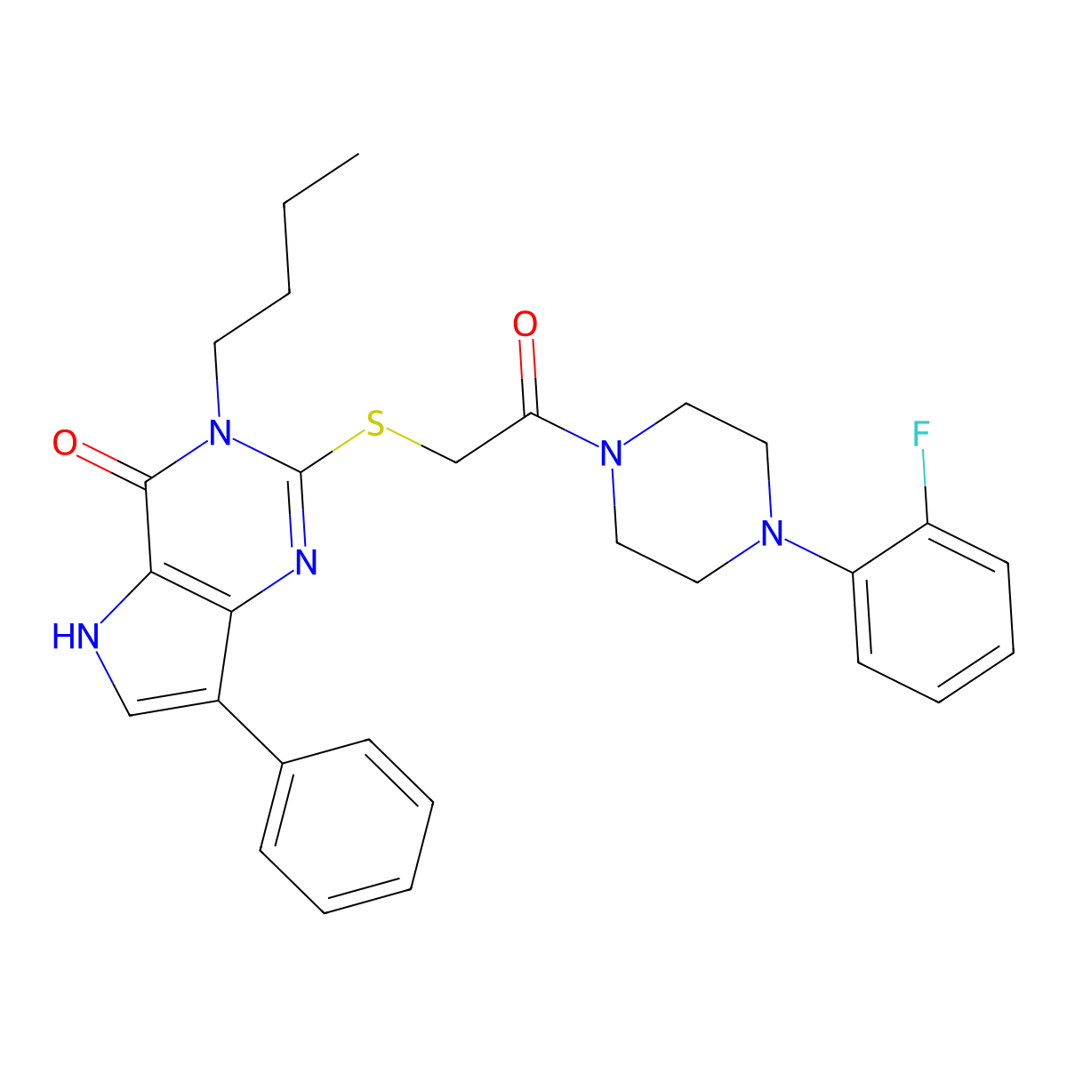 3-butyl-2-((2-(4-(2-fluorophenyl)piperazin-1-yl)-2-oxoethyl)thio)-7-phenyl-3H-pyrrolo[3,2-d]pyrimidin-4(5H)-one molecular structure, CAS 2034470-64-7