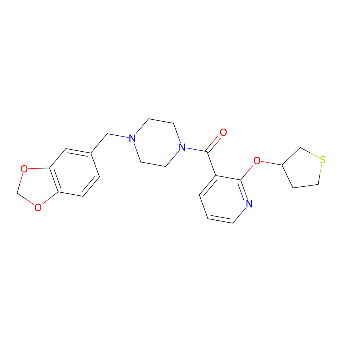 (4-(Benzo[d][1,3]dioxol-5-ylmethyl)piperazin-1-yl)(2-((tetrahydrothiophen-3-yl)oxy)pyridin-3-yl)methanone molecular structure, CAS 2034470-70-5