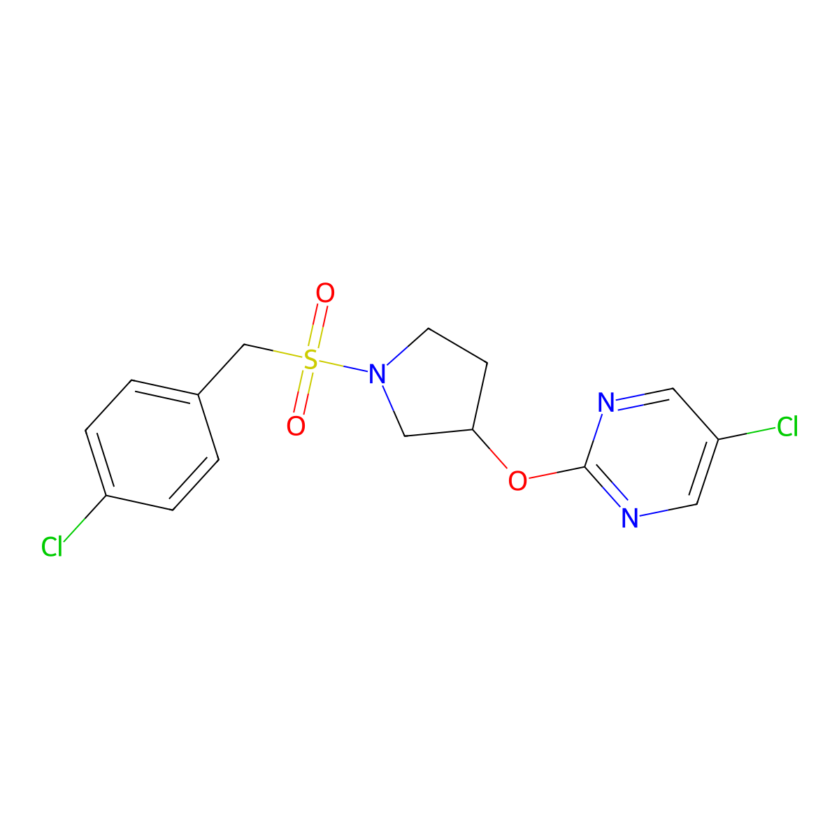 5-Chloro-2-((1-((4-chlorobenzyl)sulfonyl)pyrrolidin-3-yl)oxy)pyrimidine molecular structure, CAS 2034470-72-7
