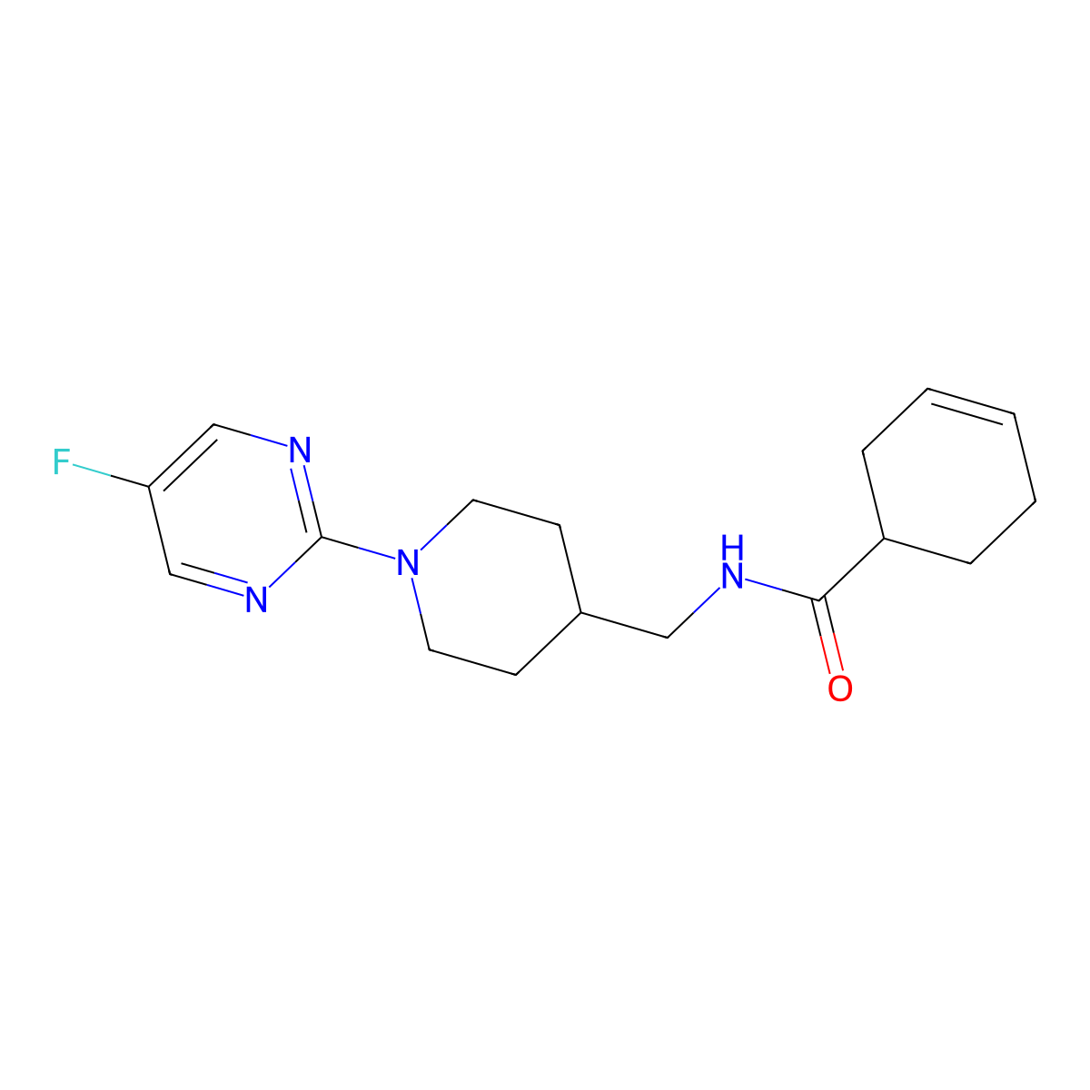 N-((1-(5-fluoropyrimidin-2-yl)piperidin-4-yl)methyl)cyclohex-3-enecarboxamide molecular structure, CAS 2034470-75-0