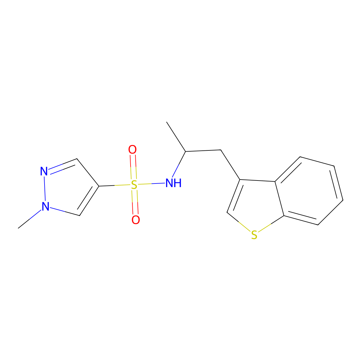 N-(1-(benzo[b]thiophen-3-yl)propan-2-yl)-1-methyl-1H-pyrazole-4-sulfonamide molecular structure, CAS 2034470-84-1