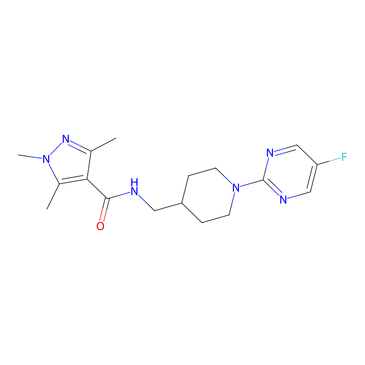 N-((1-(5-fluoropyrimidin-2-yl)piperidin-4-yl)methyl)-1,3,5-trimethyl-1H-pyrazole-4-carboxamide molecular structure, CAS 2034470-85-2