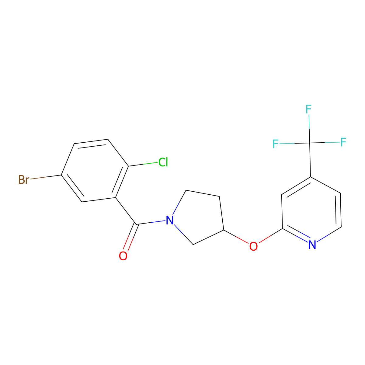(5-Bromo-2-chlorophenyl)(3-((4-(trifluoromethyl)pyridin-2-yl)oxy)pyrrolidin-1-yl)methanone molecular structure, CAS 2034471-13-9