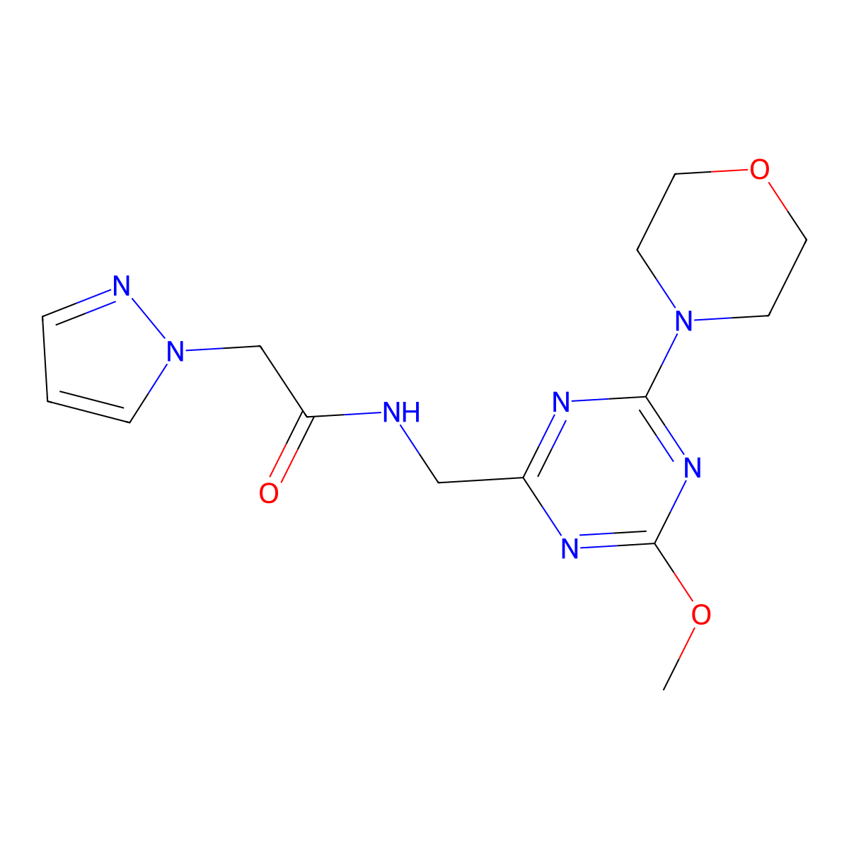 N-((4-methoxy-6-morpholino-1,3,5-triazin-2-yl)methyl)-2-(1H-pyrazol-1-yl)acetamide molecular structure, CAS 2034471-29-7