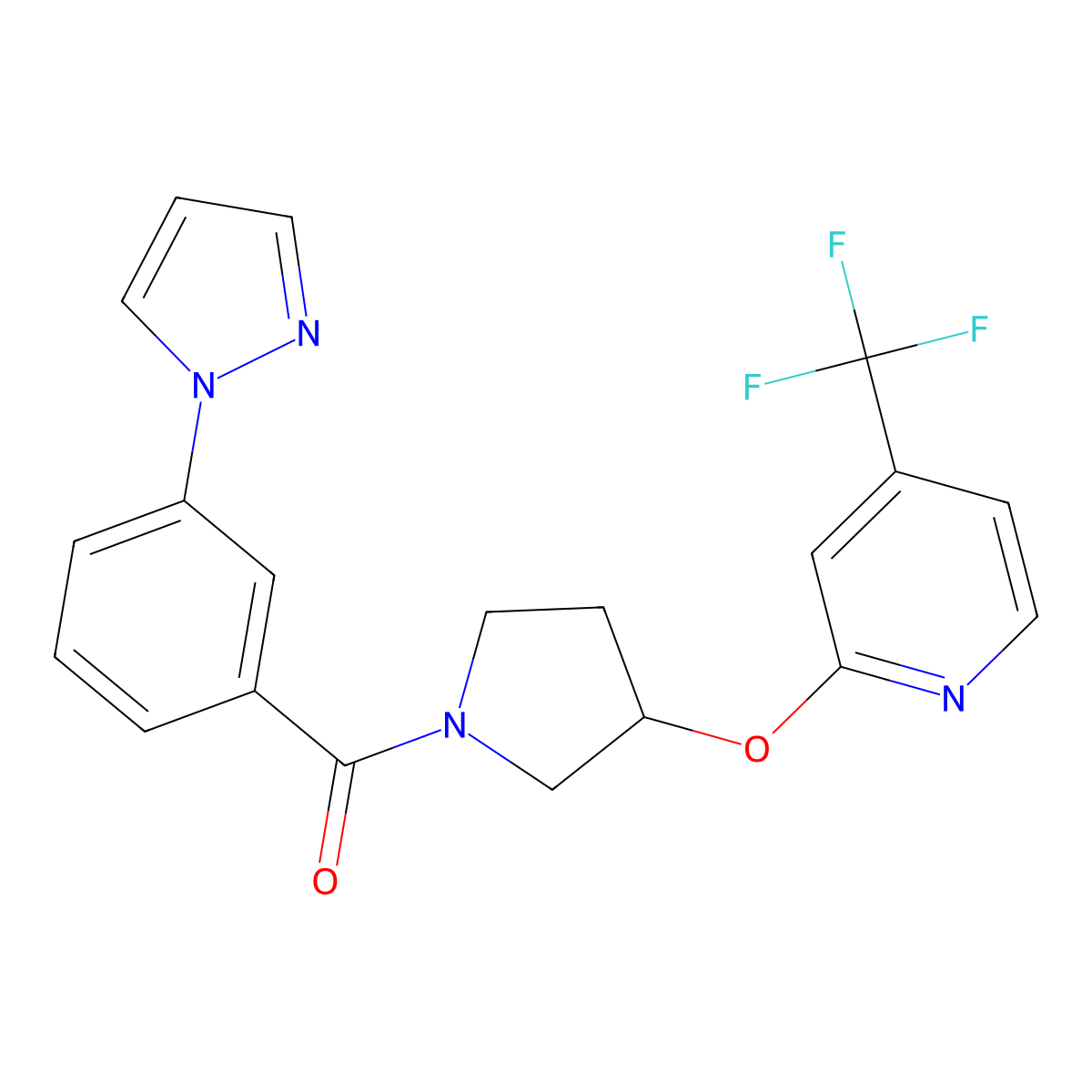 (3-(1H-pyrazol-1-yl)phenyl)(3-((4-(trifluoromethyl)pyridin-2-yl)oxy)pyrrolidin-1-yl)methanone molecular structure, CAS 2034471-32-2