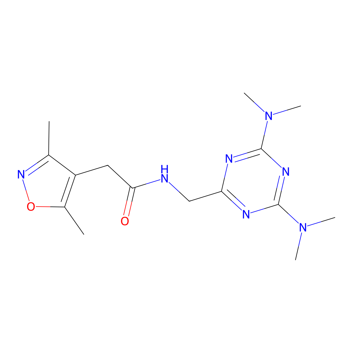 N-((4,6-bis(dimethylamino)-1,3,5-triazin-2-yl)methyl)-2-(3,5-dimethylisoxazol-4-yl)acetamide molecular structure, CAS 2034471-36-6