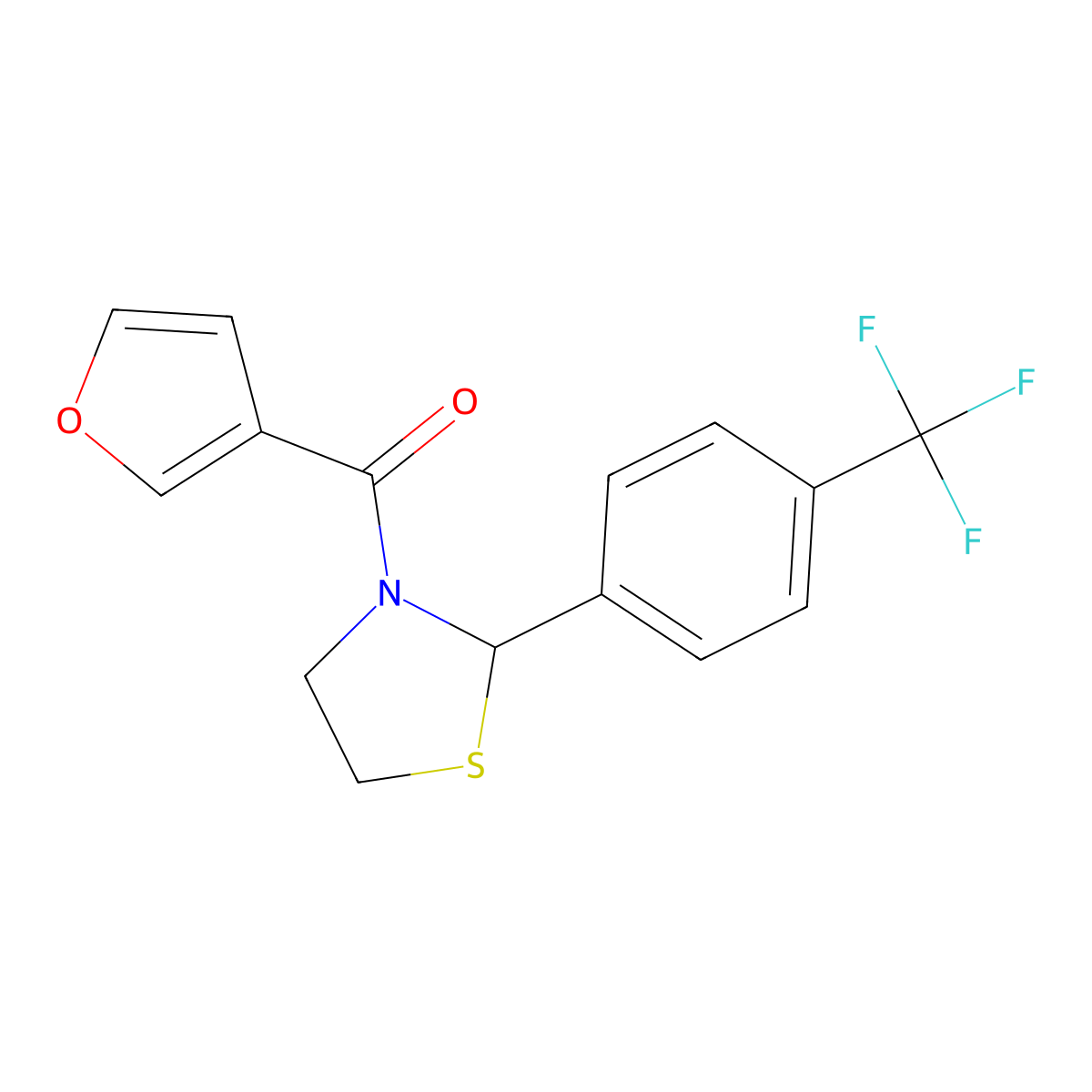 Furan-3-yl(2-(4-(trifluoromethyl)phenyl)thiazolidin-3-yl)methanone molecular structure, CAS 2034471-45-7