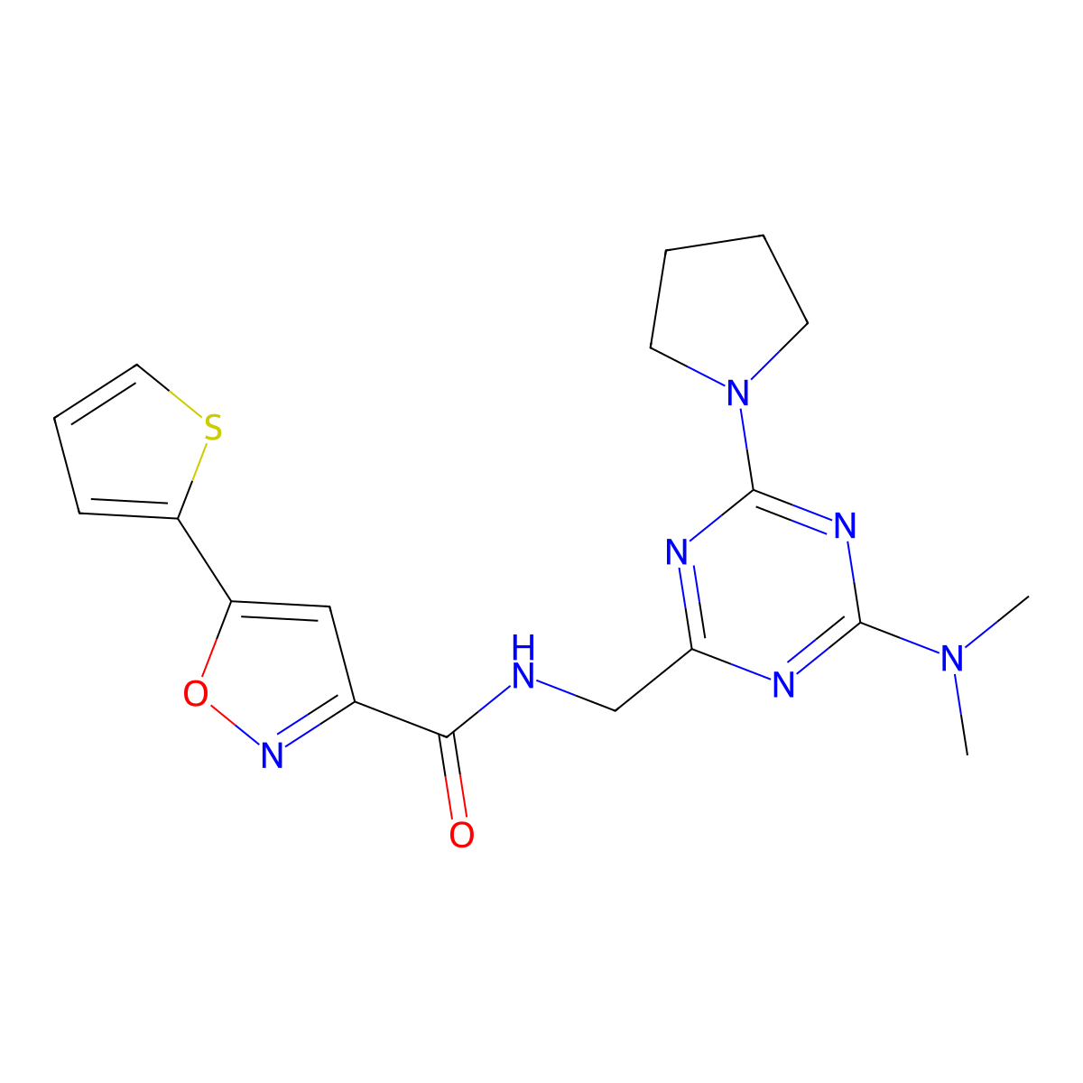 N-((4-(dimethylamino)-6-(pyrrolidin-1-yl)-1,3,5-triazin-2-yl)methyl)-5-(thiophen-2-yl)isoxazole-3-carboxamide molecular structure, CAS 2034471-52-6