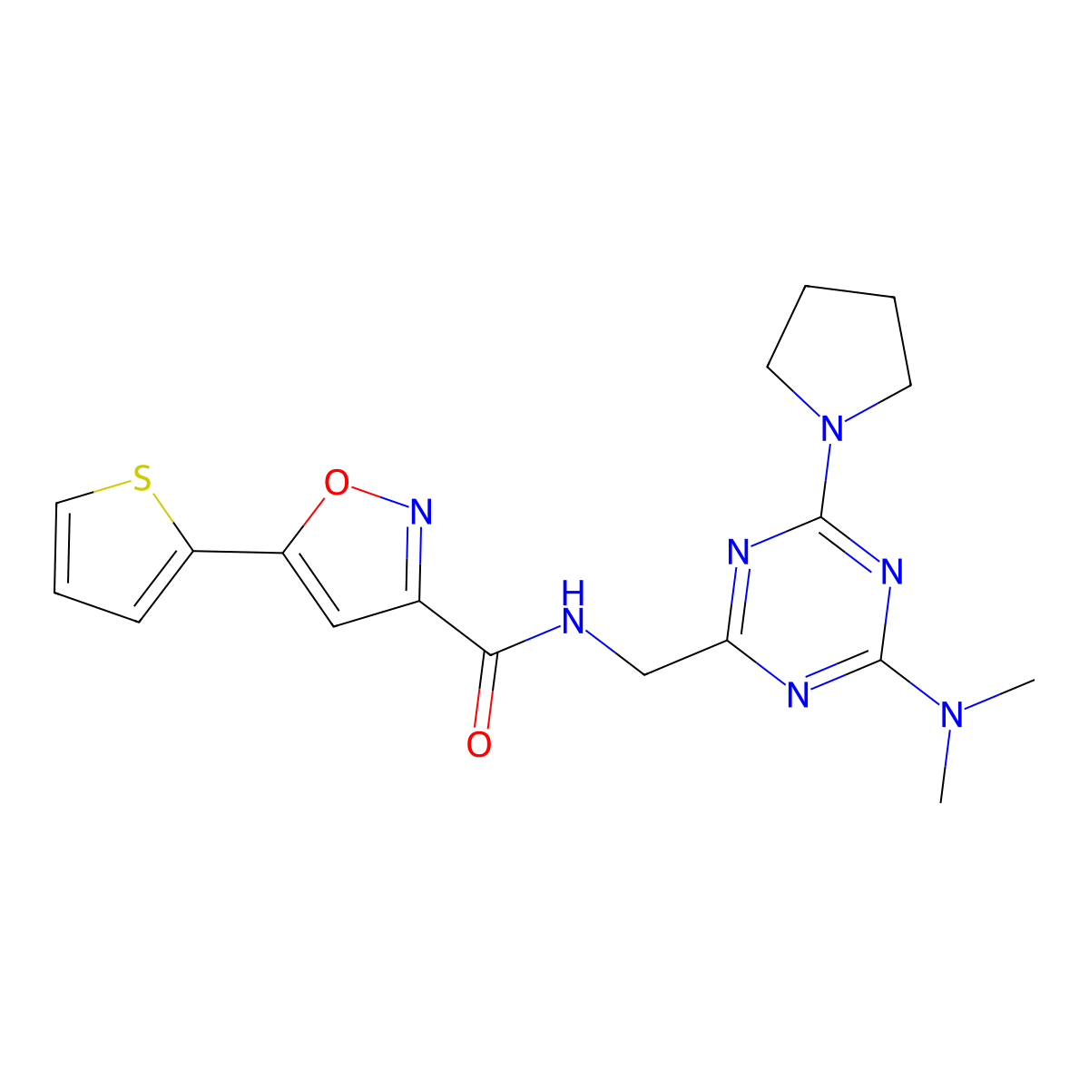 N-((4-(dimethylamino)-6-(pyrrolidin-1-yl)-1,3,5-triazin-2-yl)methyl)-5-(thiophen-2-yl)isoxazole-3-carboxamide molecular structure, CAS 2034471-52-6