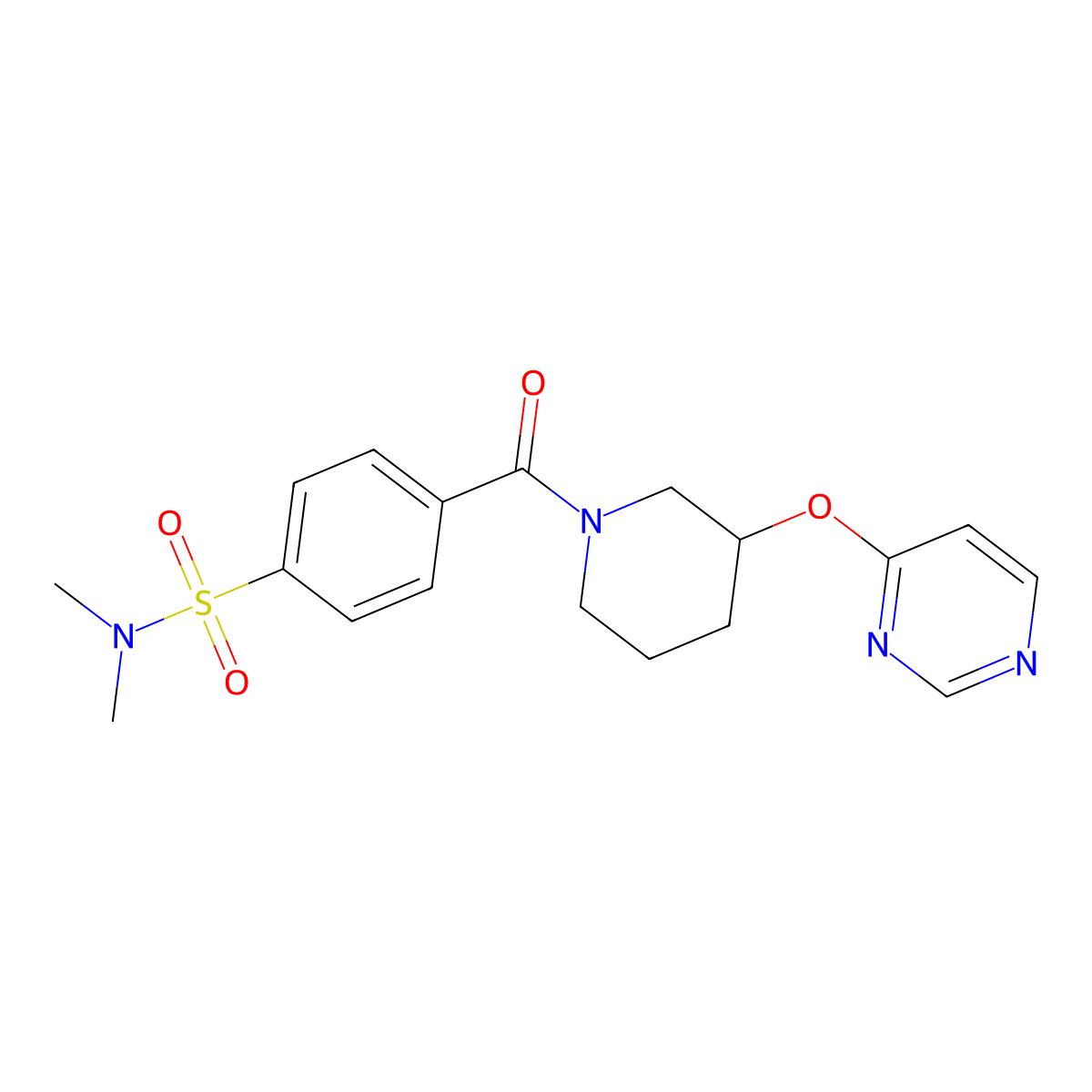 N,N-dimethyl-4-(3-(pyrimidin-4-yloxy)piperidine-1-carbonyl)benzenesulfonamide molecular structure, CAS 2034471-53-7