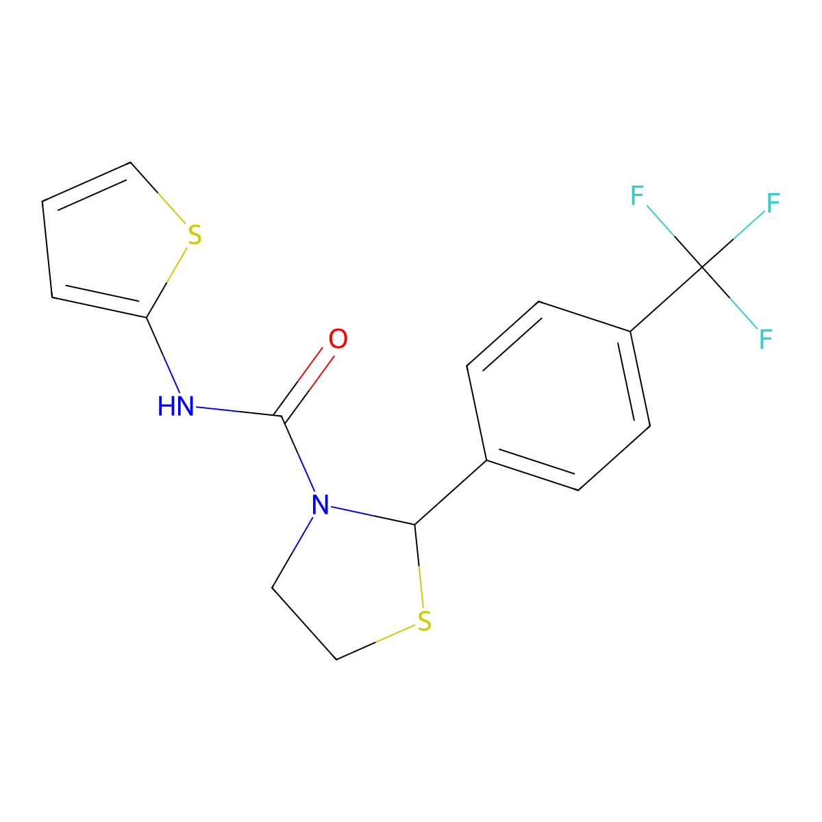 N-(thiophen-2-yl)-2-(4-(trifluoromethyl)phenyl)thiazolidine-3-carboxamide molecular structure, CAS 2034471-55-9