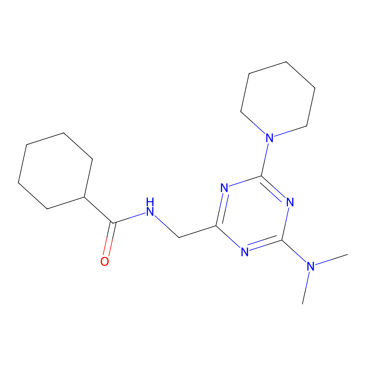 N-{[4-(dimethylamino)-6-(piperidin-1-yl)-1,3,5-triazin-2-yl]methyl}cyclohexanecarboxamide molecular structure, CAS 2034471-63-9
