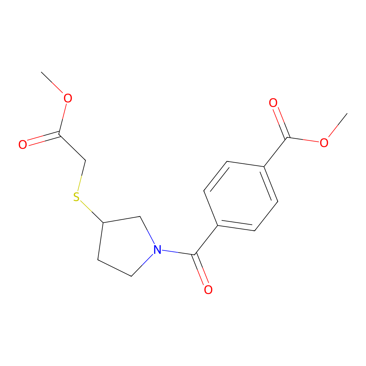 Methyl 4-(3-((2-methoxy-2-oxoethyl)thio)pyrrolidine-1-carbonyl)benzoate molecular structure, CAS 2034471-64-0