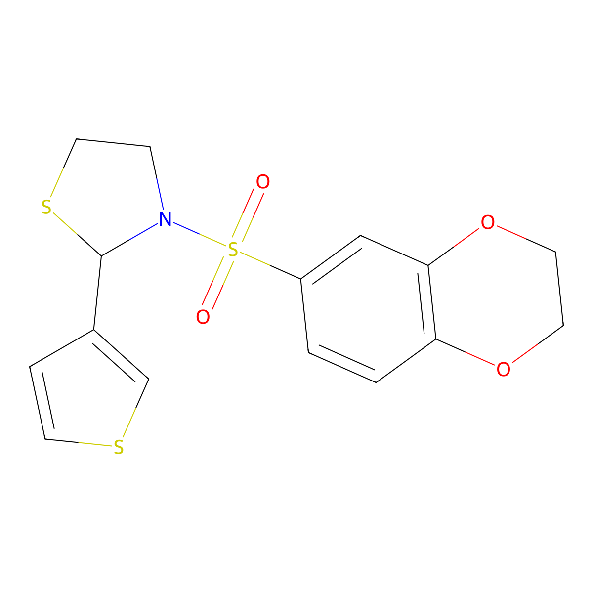 3-((2,3-Dihydrobenzo[b][1,4]dioxin-6-yl)sulfonyl)-2-(thiophen-3-yl)thiazolidine molecular structure, CAS 2034471-65-1