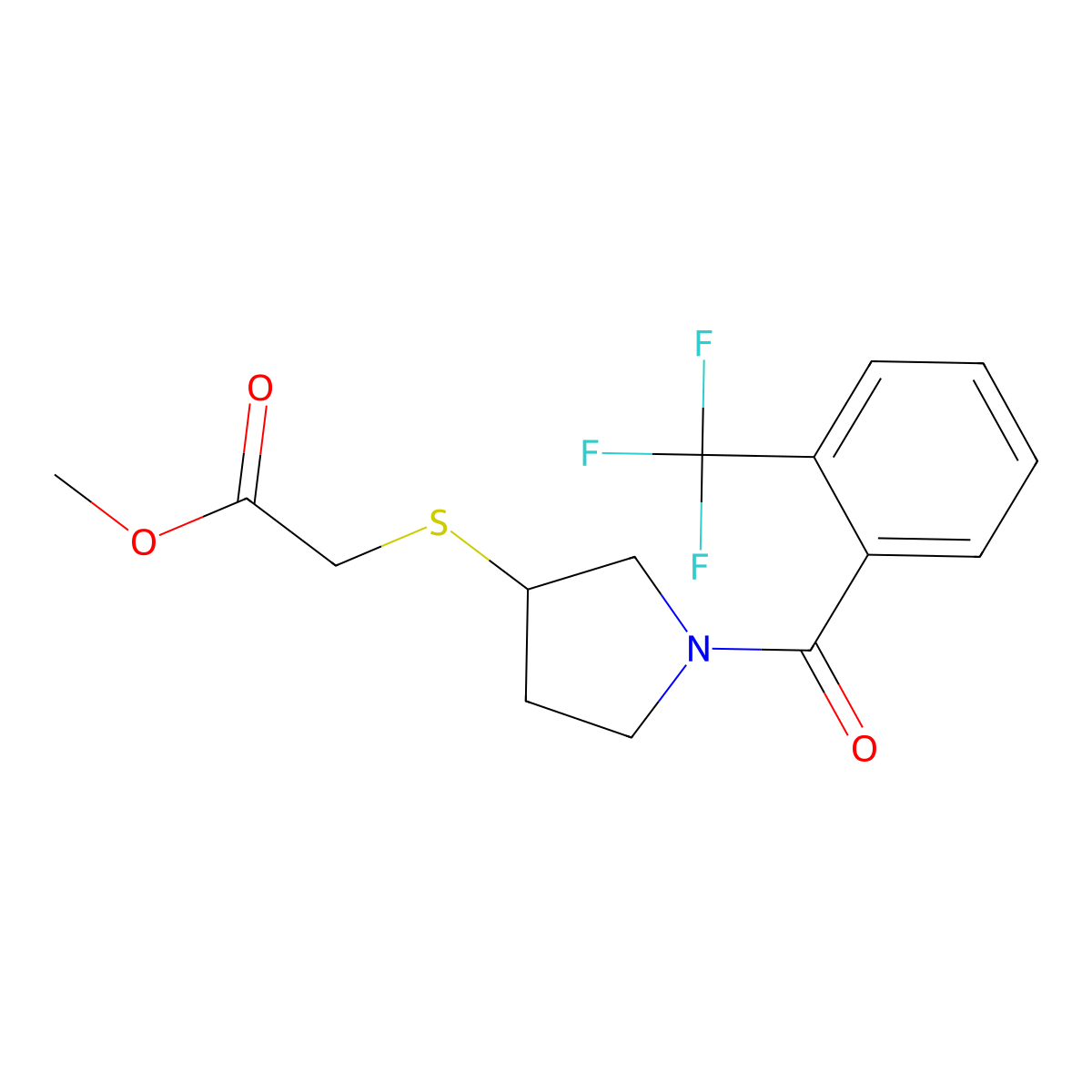 Methyl 2-((1-(2-(trifluoromethyl)benzoyl)pyrrolidin-3-yl)thio)acetate molecular structure, CAS 2034471-68-4