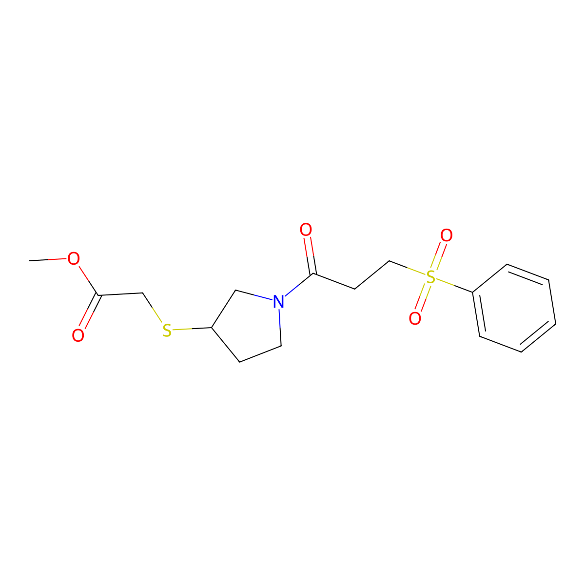 Methyl 2-((1-(3-(phenylsulfonyl)propanoyl)pyrrolidin-3-yl)thio)acetate molecular structure, CAS 2034471-74-2