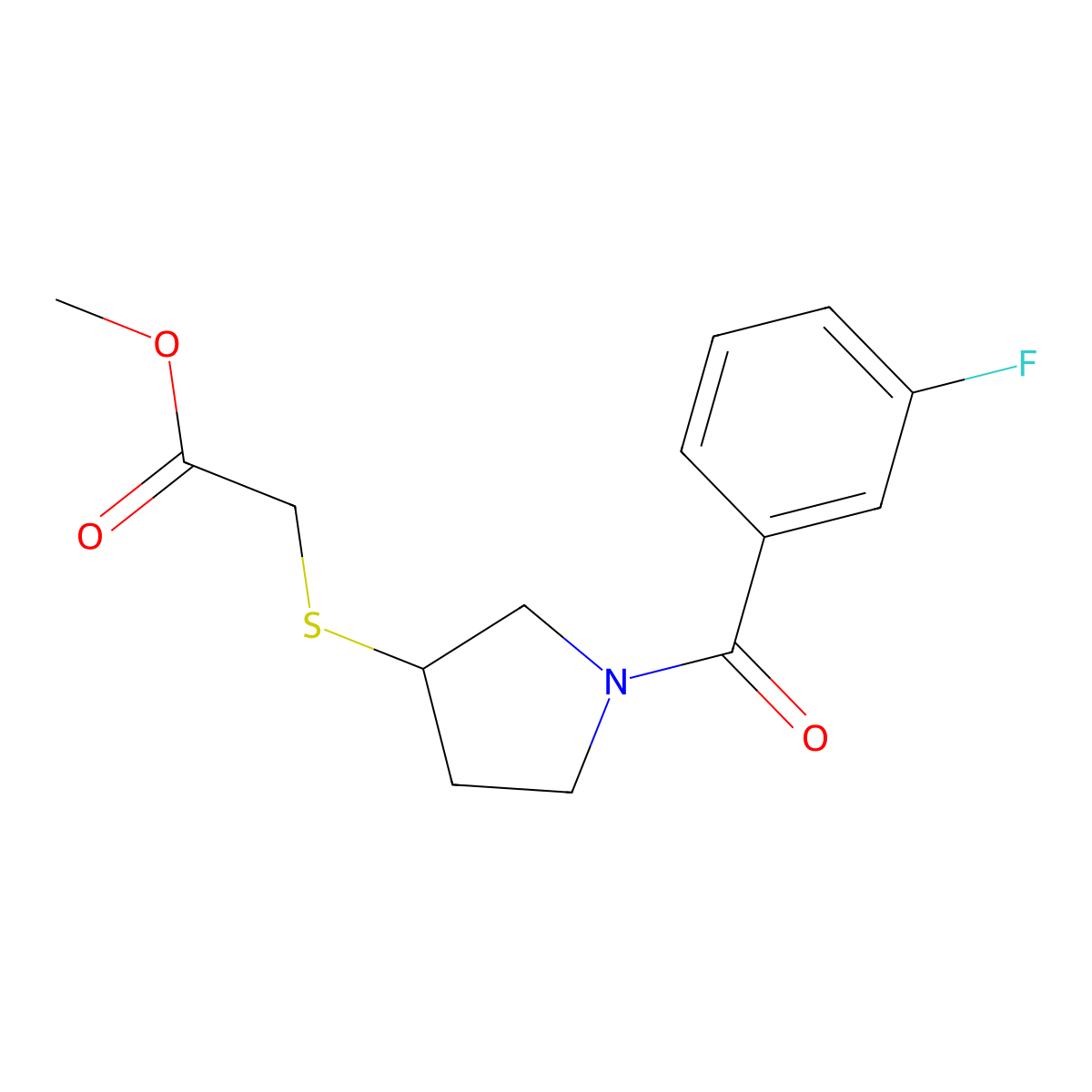 Methyl 2-((1-(3-fluorobenzoyl)pyrrolidin-3-yl)thio)acetate molecular structure, CAS 2034471-81-1