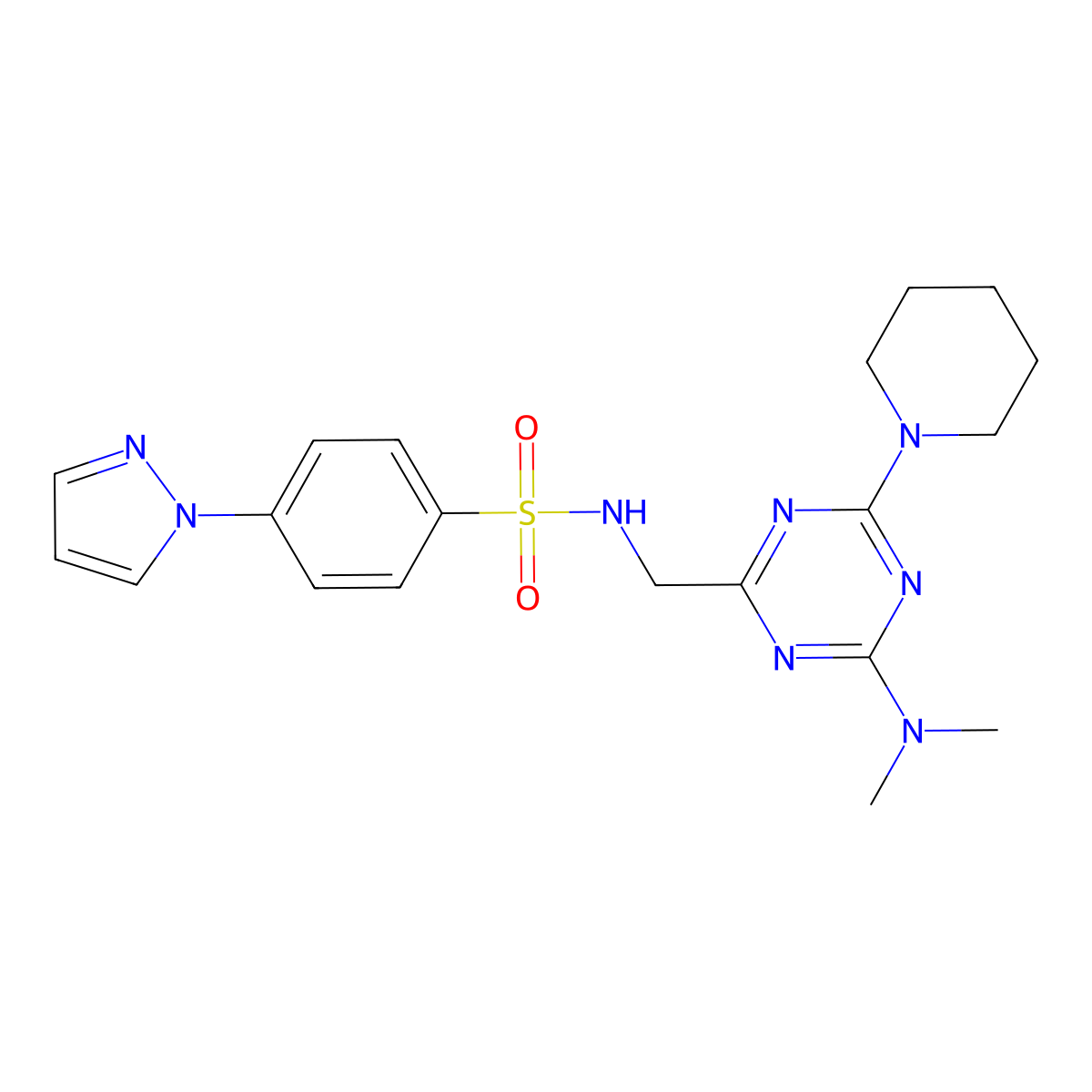 N-((4-(dimethylamino)-6-(piperidin-1-yl)-1,3,5-triazin-2-yl)methyl)-4-(1H-pyrazol-1-yl)benzenesulfonamide molecular structure, CAS 2034471-82-2