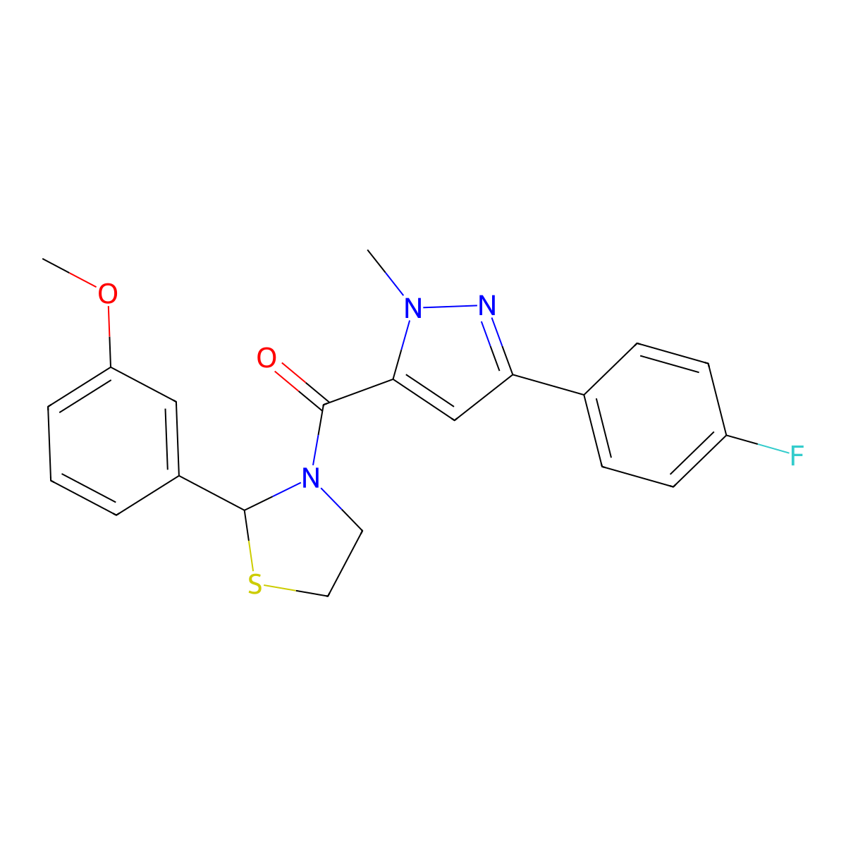 (3-(4-fluorophenyl)-1-methyl-1H-pyrazol-5-yl)(2-(3-methoxyphenyl)thiazolidin-3-yl)methanone molecular structure, CAS 2034471-85-5