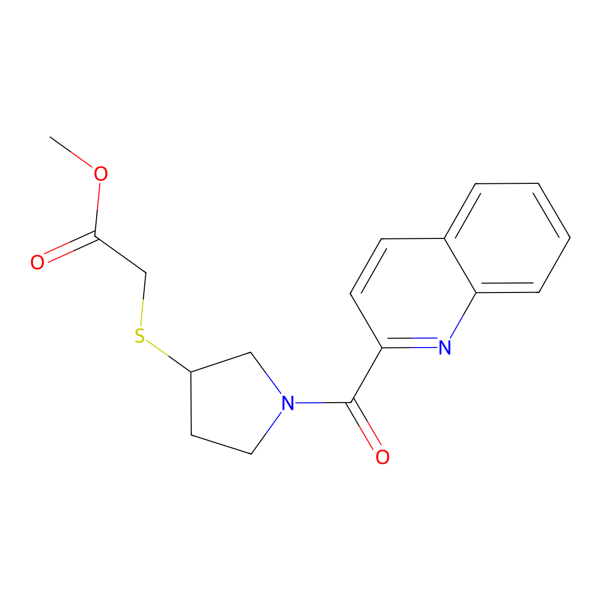 Methyl 2-((1-(quinoline-2-carbonyl)pyrrolidin-3-yl)thio)acetate molecular structure, CAS 2034471-86-6