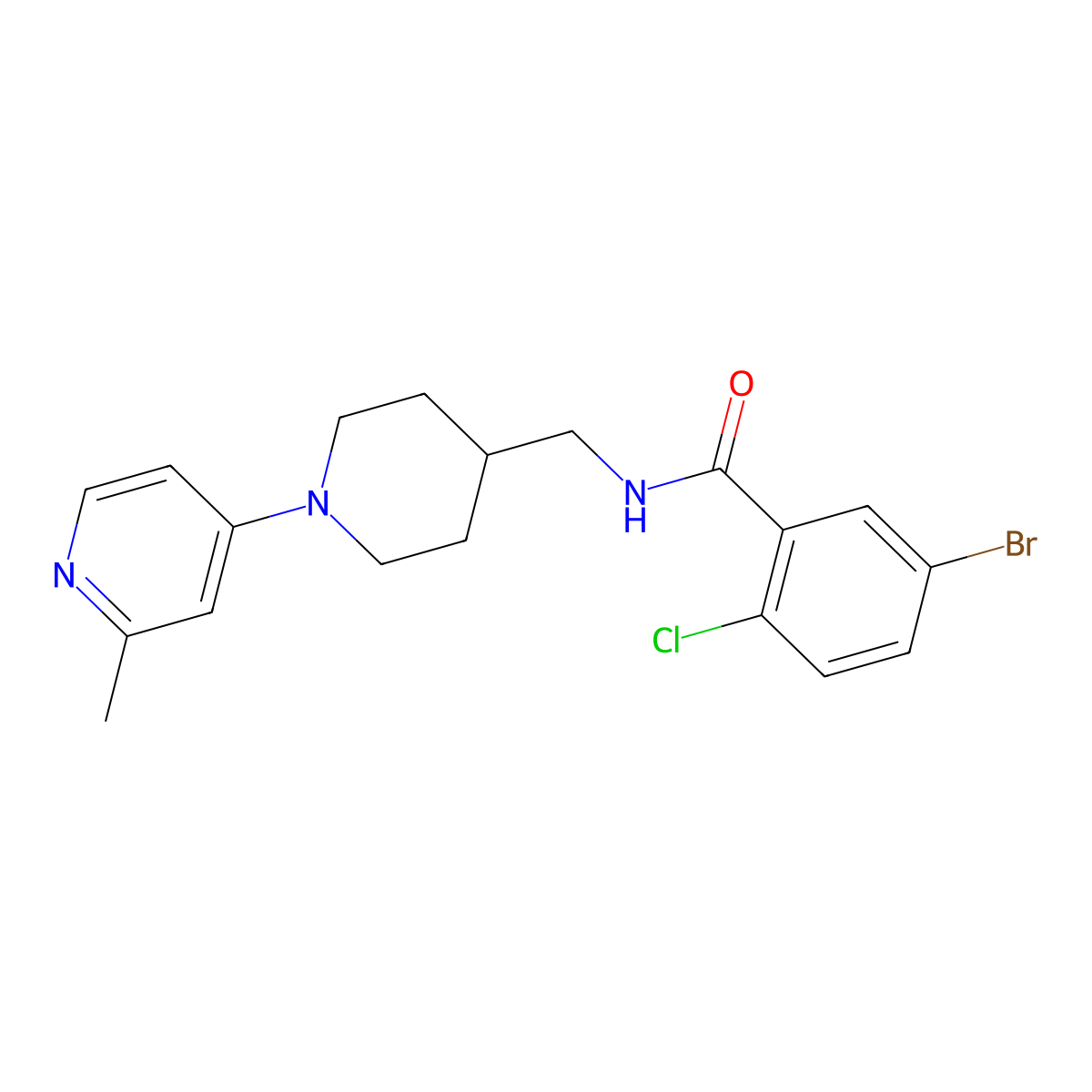 5-bromo-2-chloro-N-((1-(2-methylpyridin-4-yl)piperidin-4-yl)methyl)benzamide molecular structure, CAS 2034471-89-9
