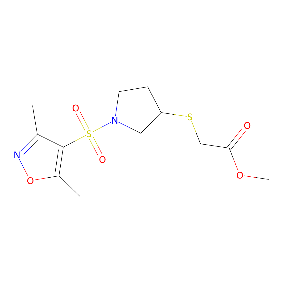 Methyl 2-((1-((3,5-dimethylisoxazol-4-yl)sulfonyl)pyrrolidin-3-yl)thio)acetate molecular structure, CAS 2034471-93-5