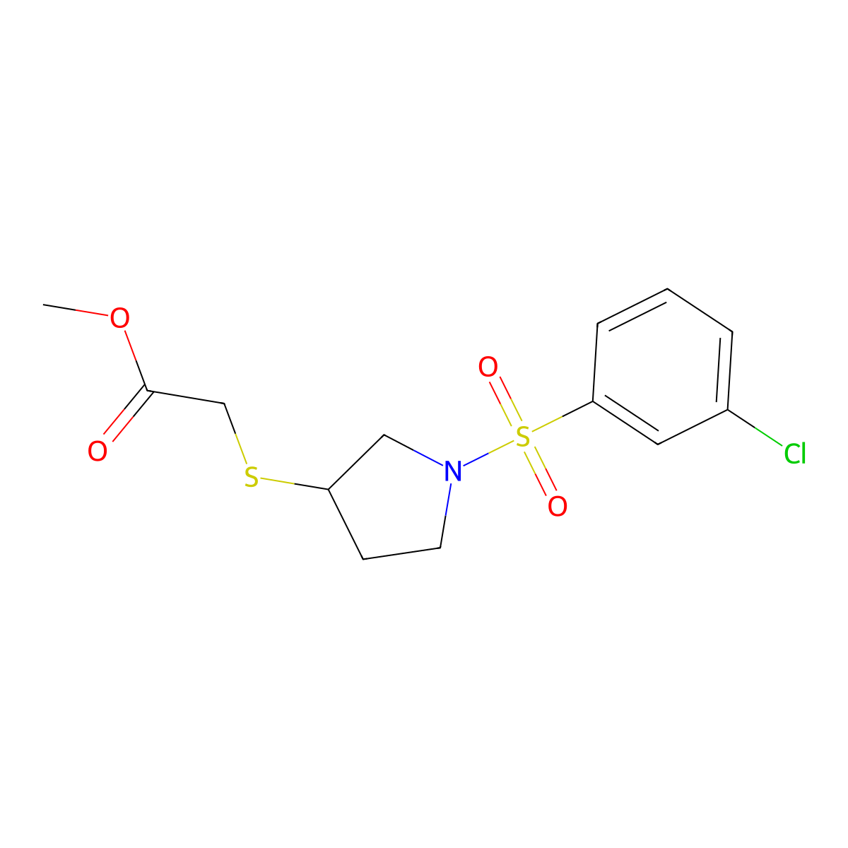 Methyl 2-((1-((3-chlorophenyl)sulfonyl)pyrrolidin-3-yl)thio)acetate molecular structure, CAS 2034471-95-7