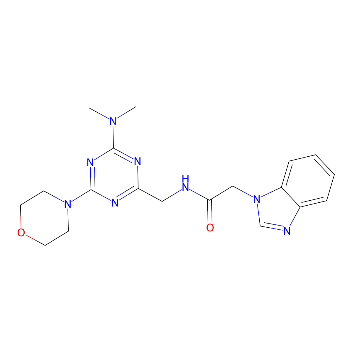 2-(1H-benzo[d]imidazol-1-yl)-N-((4-(dimethylamino)-6-morpholino-1,3,5-triazin-2-yl)methyl)acetamide molecular structure, CAS 2034471-99-1