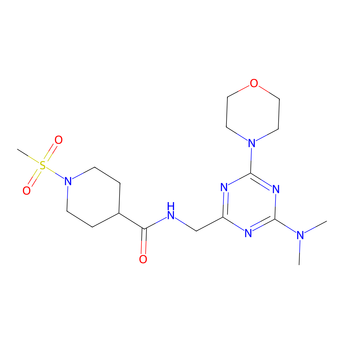 N-{[4-(dimethylamino)-6-(morpholin-4-yl)-1,3,5-triazin-2-yl]methyl}-1-methanesulfonylpiperidine-4-carboxamide molecular structure, CAS 2034472-04-1