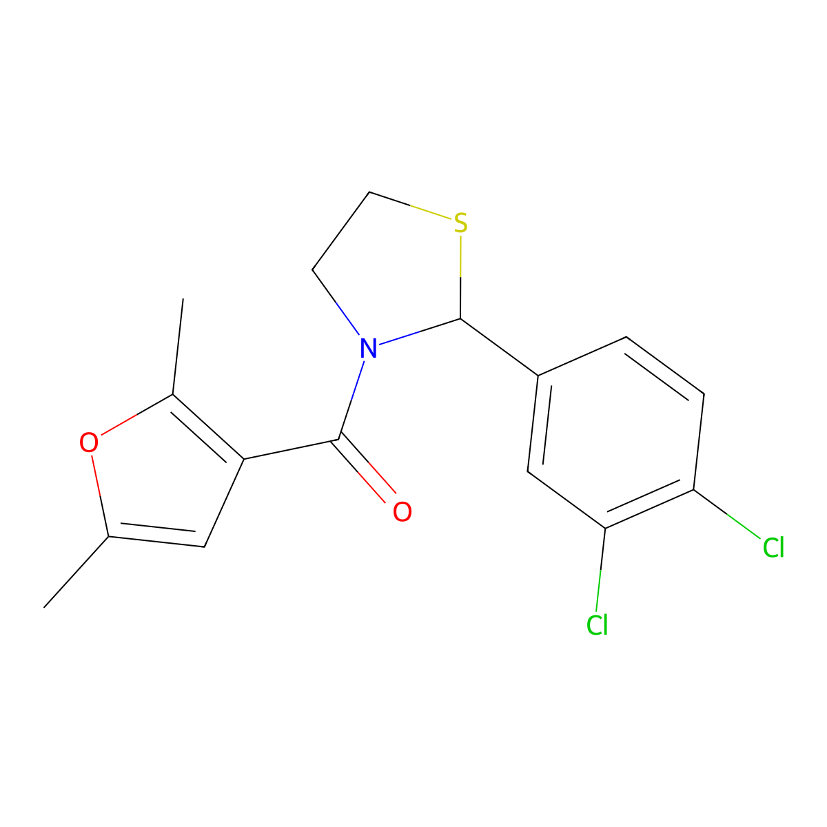 (2-(3,4-Dichlorophenyl)thiazolidin-3-yl)(2,5-dimethylfuran-3-yl)methanone molecular structure, CAS 2034472-05-2