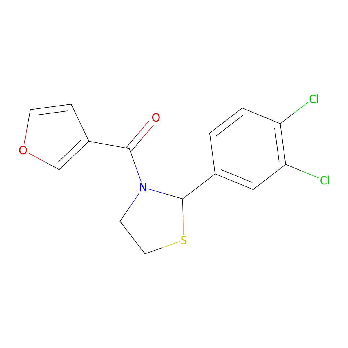 (2-(3,4-Dichlorophenyl)thiazolidin-3-yl)(furan-3-yl)methanone molecular structure, CAS 2034472-10-9