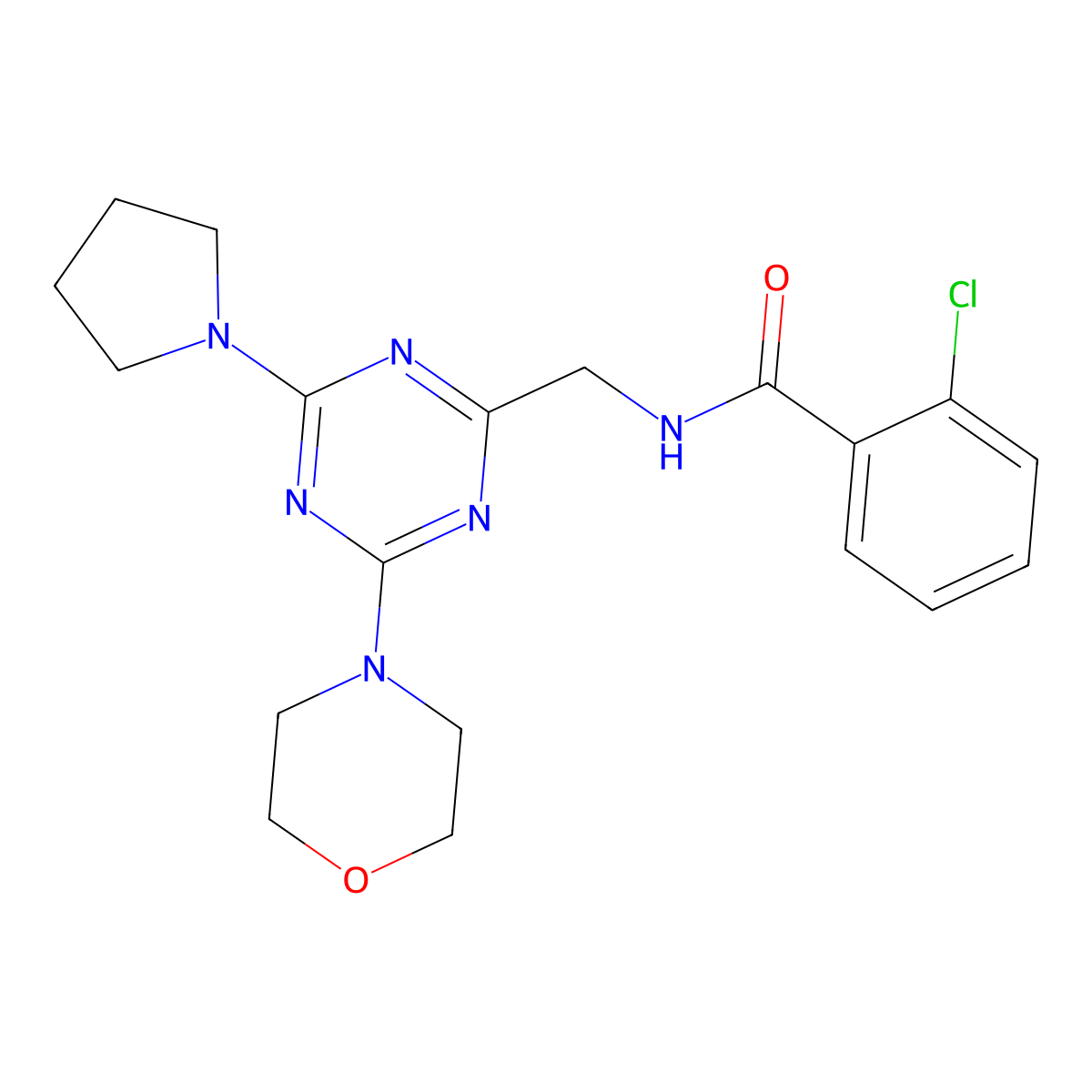 2-chloro-N-((4-morpholino-6-(pyrrolidin-1-yl)-1,3,5-triazin-2-yl)methyl)benzamide molecular structure, CAS 2034472-13-2