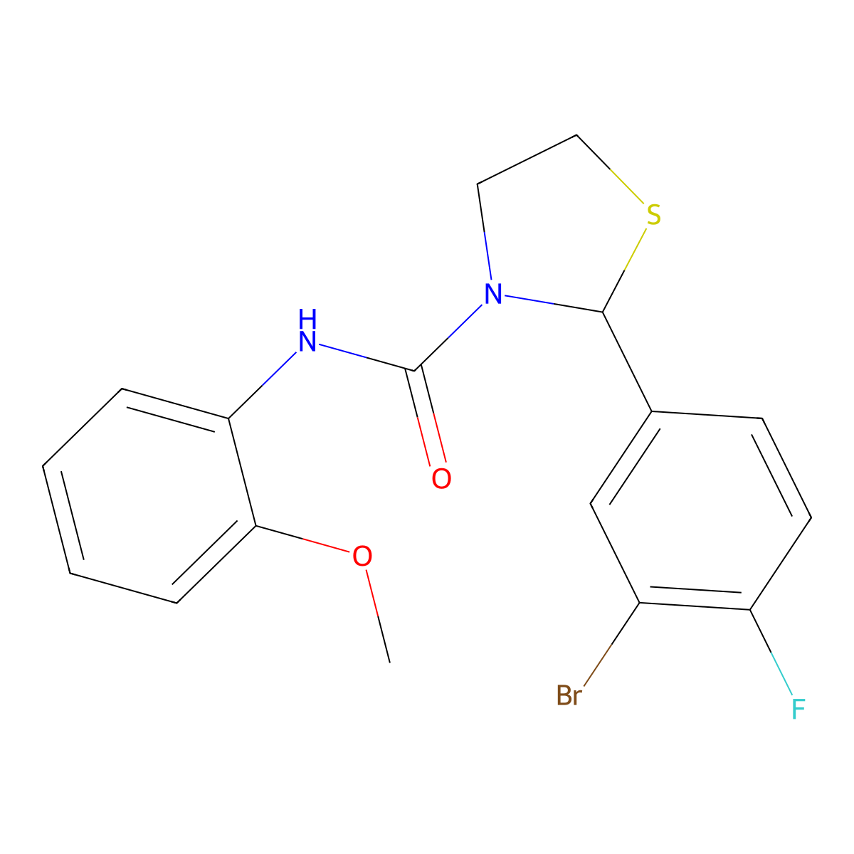 2-(3-bromo-4-fluorophenyl)-N-(2-methoxyphenyl)thiazolidine-3-carboxamide molecular structure, CAS 2034472-30-3