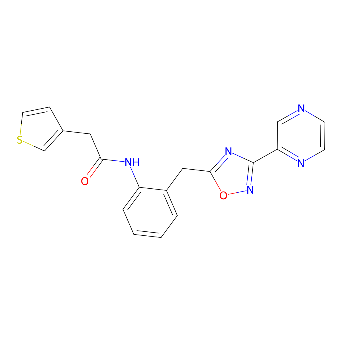 N-(2-((3-(pyrazin-2-yl)-1,2,4-oxadiazol-5-yl)methyl)phenyl)-2-(thiophen-3-yl)acetamide molecular structure, CAS 2034472-40-5