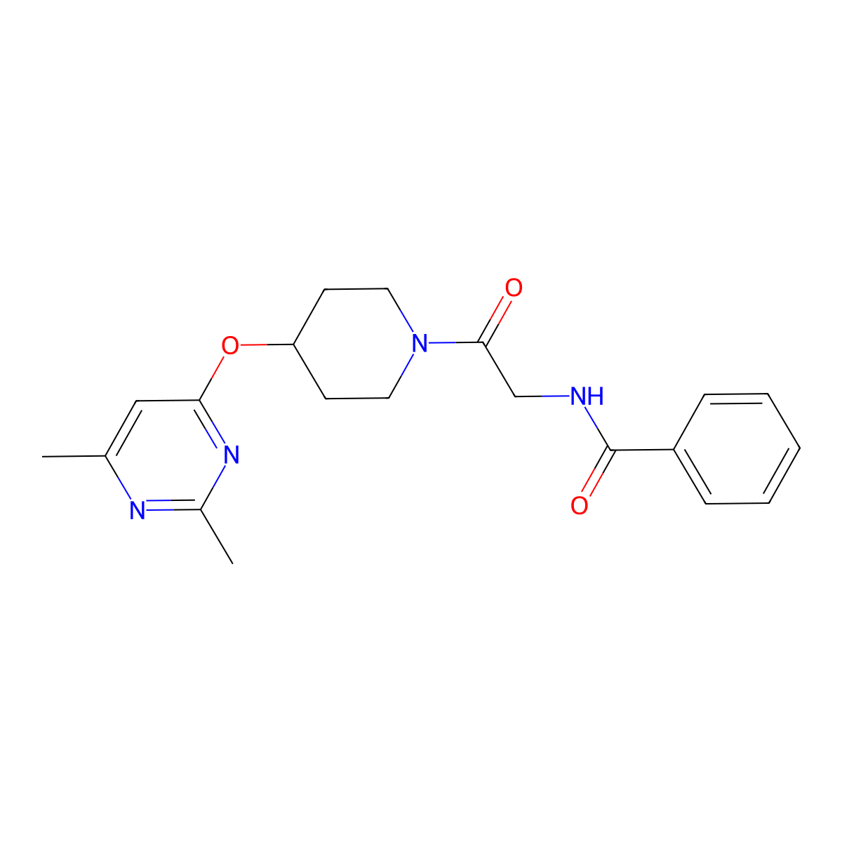N-(2-(4-((2,6-dimethylpyrimidin-4-yl)oxy)piperidin-1-yl)-2-oxoethyl)benzamide molecular structure, CAS 2034472-43-8