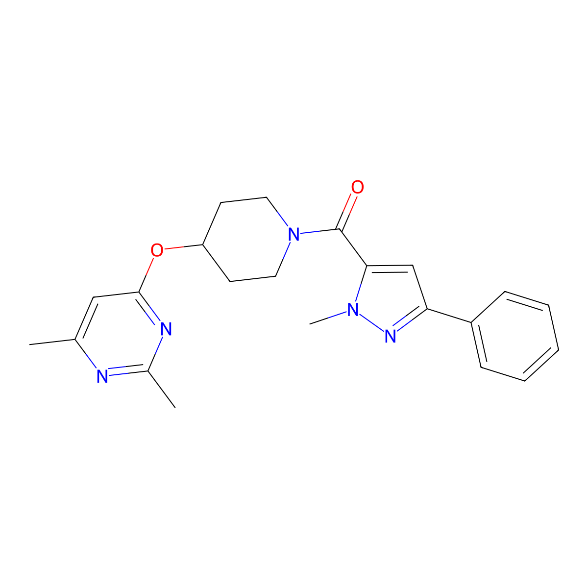 2,4-dimethyl-6-{[1-(1-methyl-3-phenyl-1H-pyrazole-5-carbonyl)piperidin-4-yl]oxy}pyrimidine molecular structure, CAS 2034472-51-8
