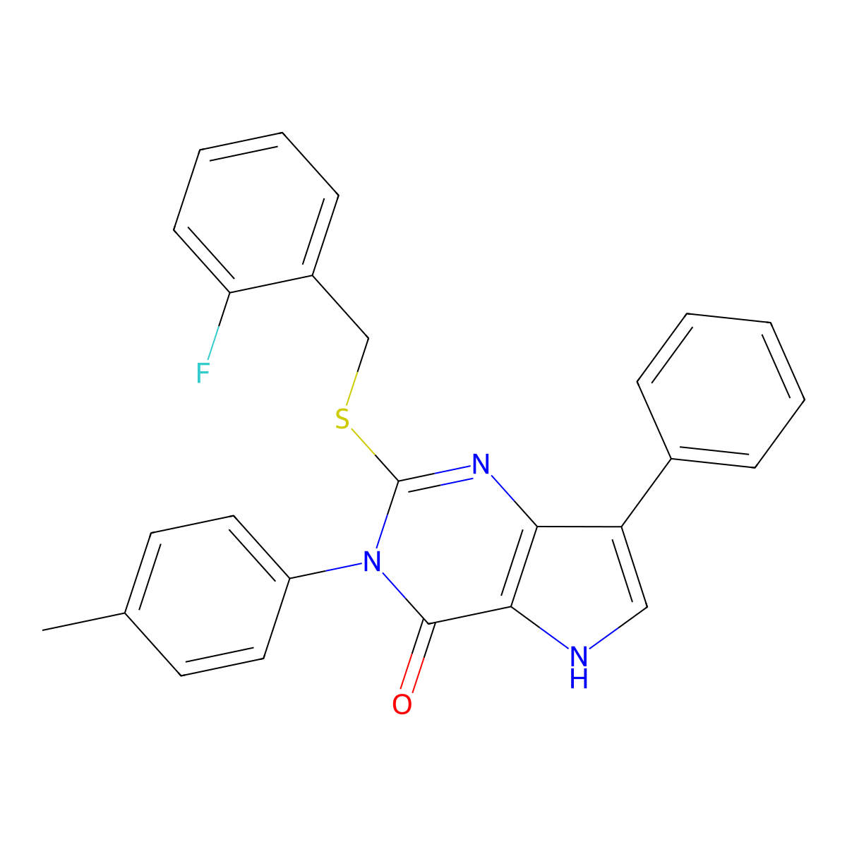 2-((2-fluorobenzyl)thio)-7-phenyl-3-(p-tolyl)-3H-pyrrolo[3,2-d]pyrimidin-4(5H)-one molecular structure, CAS 2034472-74-5