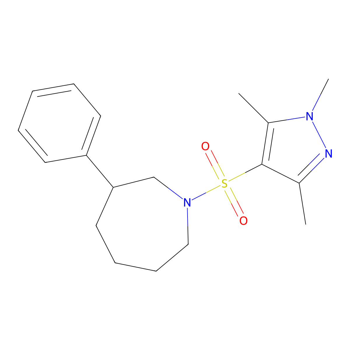 3-phenyl-1-[(1,3,5-trimethyl-1H-pyrazol-4-yl)sulfonyl]azepane molecular structure, CAS 2034472-85-8