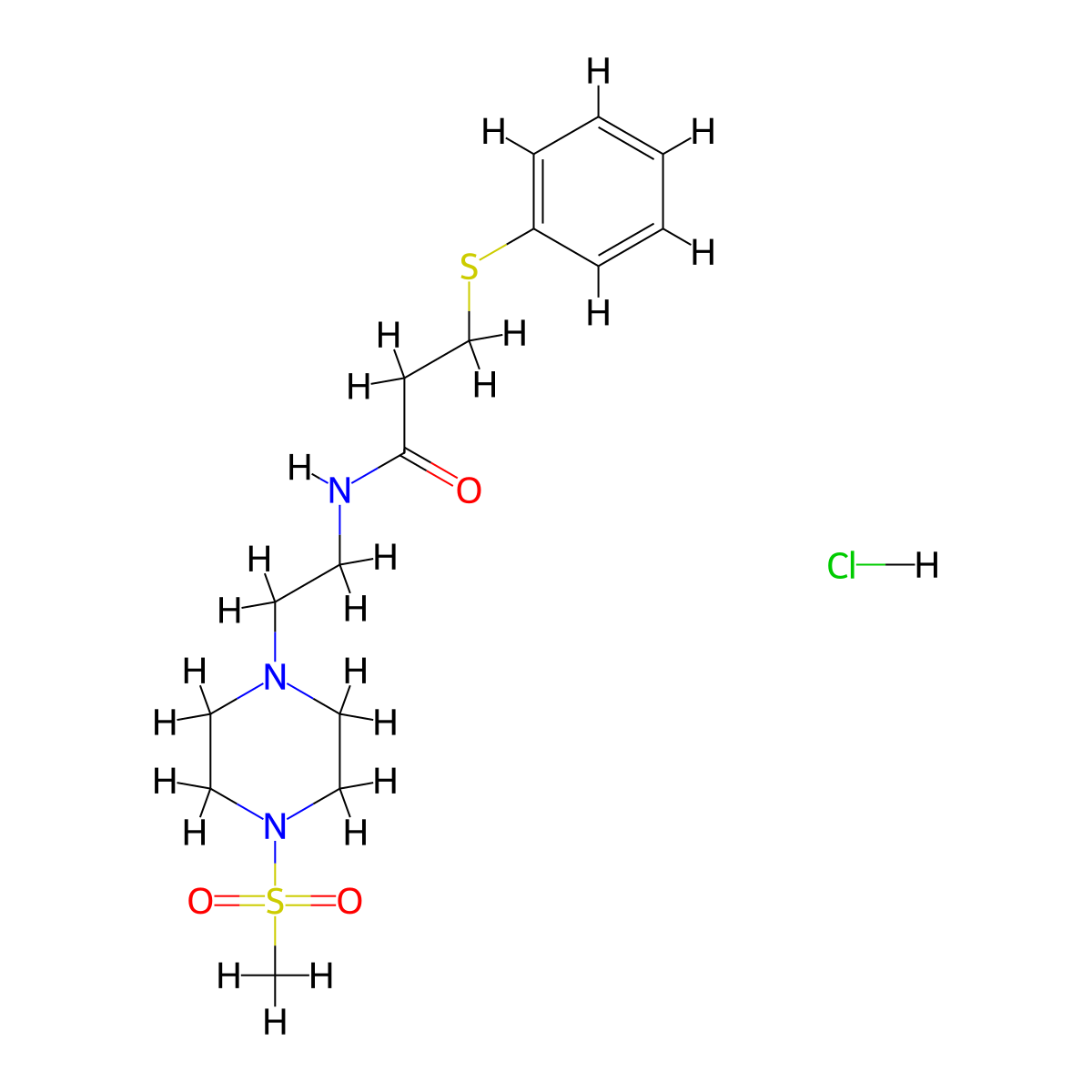 N-(2-(4-(methylsulfonyl)piperazin-1-yl)ethyl)-3-(phenylthio)propanamide hydrochloride molecular structure, CAS 2034472-88-1