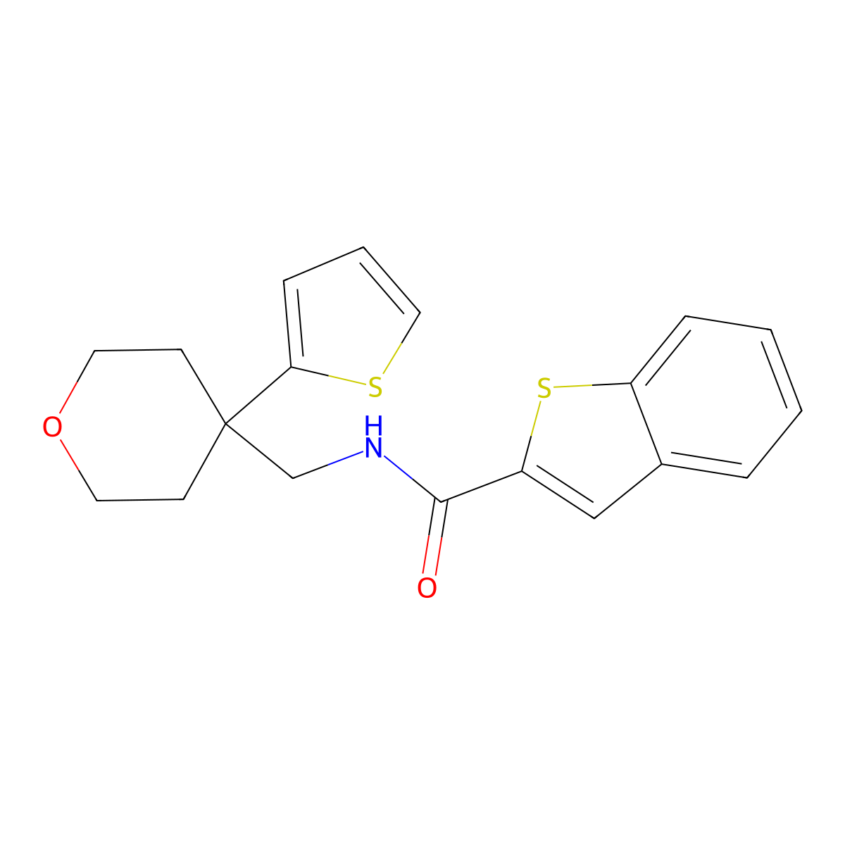 N-((4-(thiophen-2-yl)tetrahydro-2H-pyran-4-yl)methyl)benzo[b]thiophene-2-carboxamide molecular structure, CAS 2034473-06-6