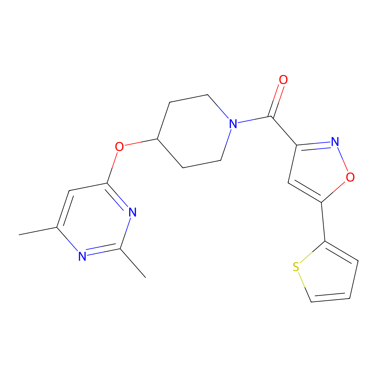 (4-((2,6-Dimethylpyrimidin-4-yl)oxy)piperidin-1-yl)(5-(thiophen-2-yl)isoxazol-3-yl)methanone molecular structure, CAS 2034473-20-4