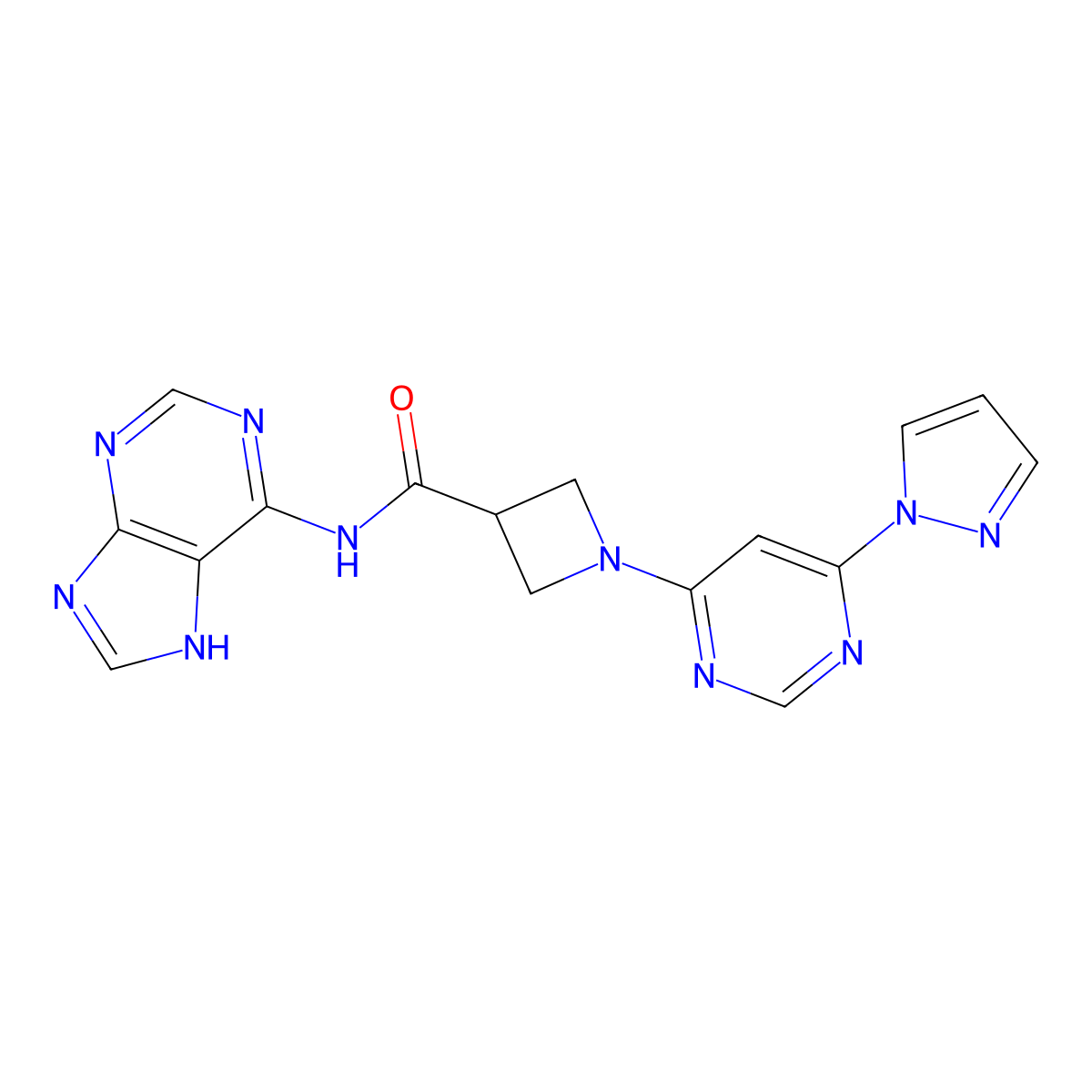 1-(6-(1H-pyrazol-1-yl)pyrimidin-4-yl)-N-(9H-purin-6-yl)azetidine-3-carboxamide molecular structure, CAS 2034473-23-7